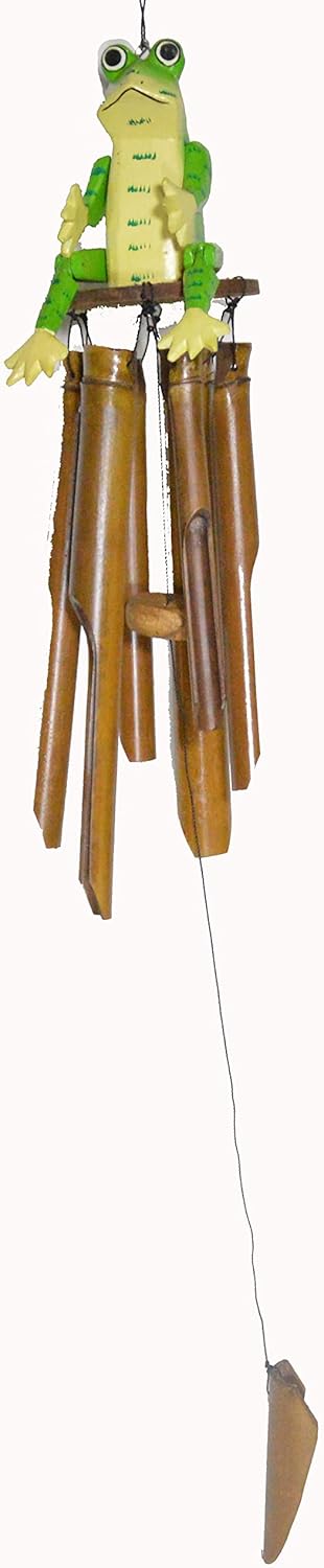 WorldBazzar Hand Carved Large Beautiful Bamboo Wood Frog Wind Chime Tropical Art, Pink, White, Brown, Red