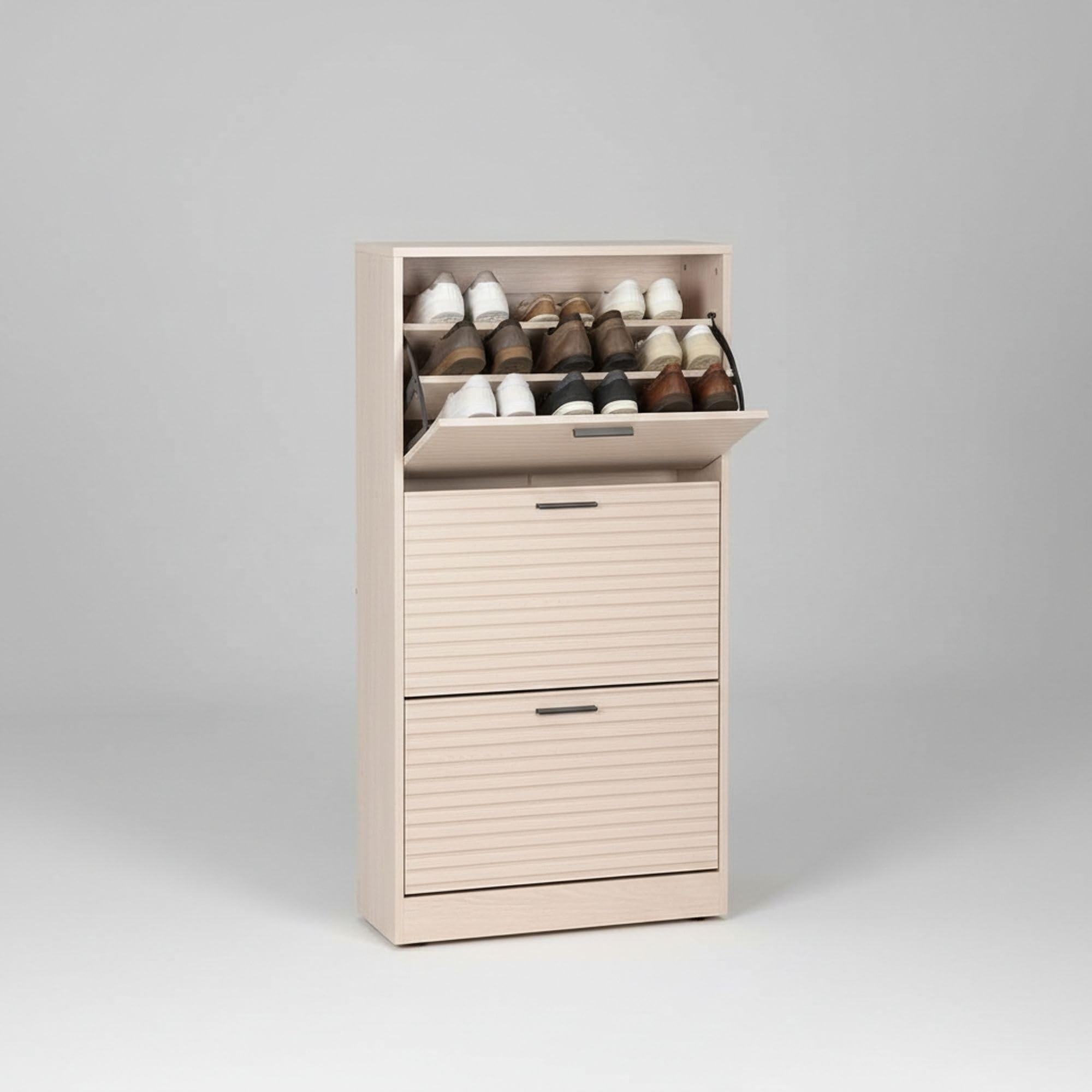 INDE MOBLEKIT | Zapatero 3 Niveles 60×24×115 cm Acabado Slat, Mueble Zapatero Entrada Estrecho con Puertas Abatibles, Organizador de Zapatos para Recibidor o Dormitorio