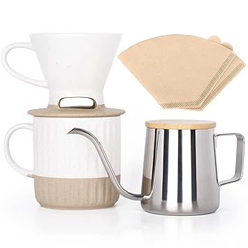AELS Pour Over Coffee Maker Gift Set, Includes Ceramic Coffee Dripper Brewer & Coffee Mug with Lid, Stain