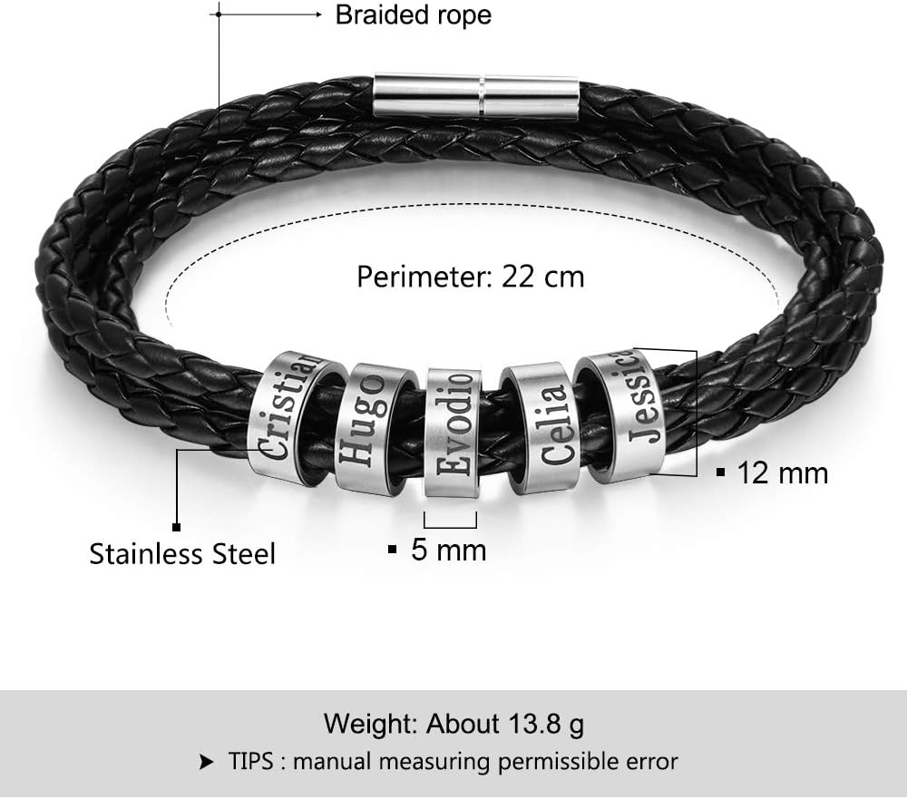 Mens Leather Bracelet Personalized Name Bracelet for Men Engraved 1-6 Names Leather Braid Bracelets with Stainless Beads for Dad Husband Grandpa Lover