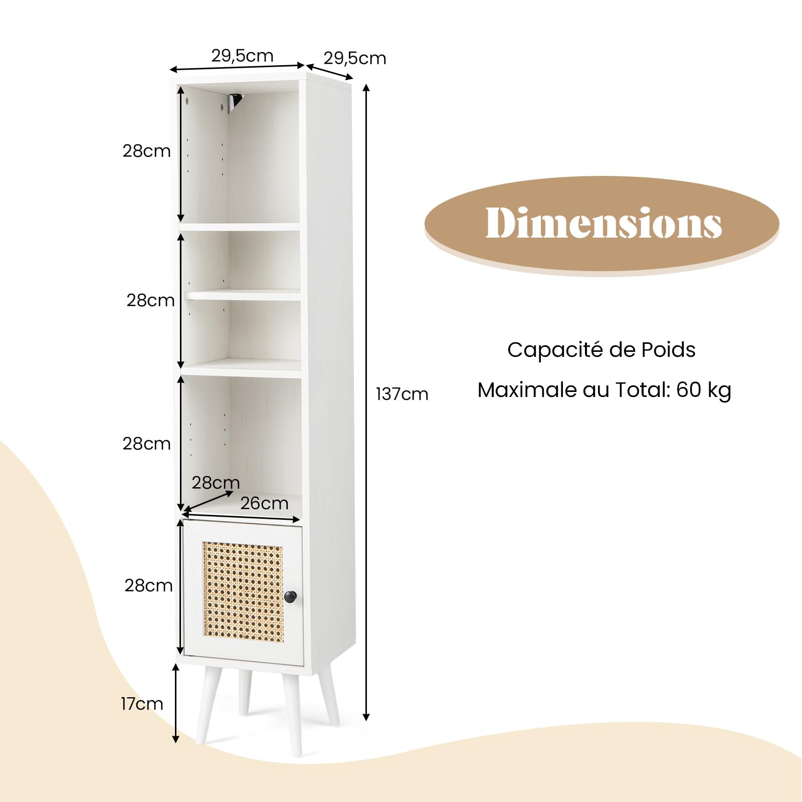 COSTWAY Meuble Colonne de Rangement avec Porte Rotin et Pieds en Bois Massif, Meuble de Salle de Bain Étagère Réglable, Style Bohème, pour Salon, Cuisine, Chambre, 29,5x29,5x137cm (Blanc)