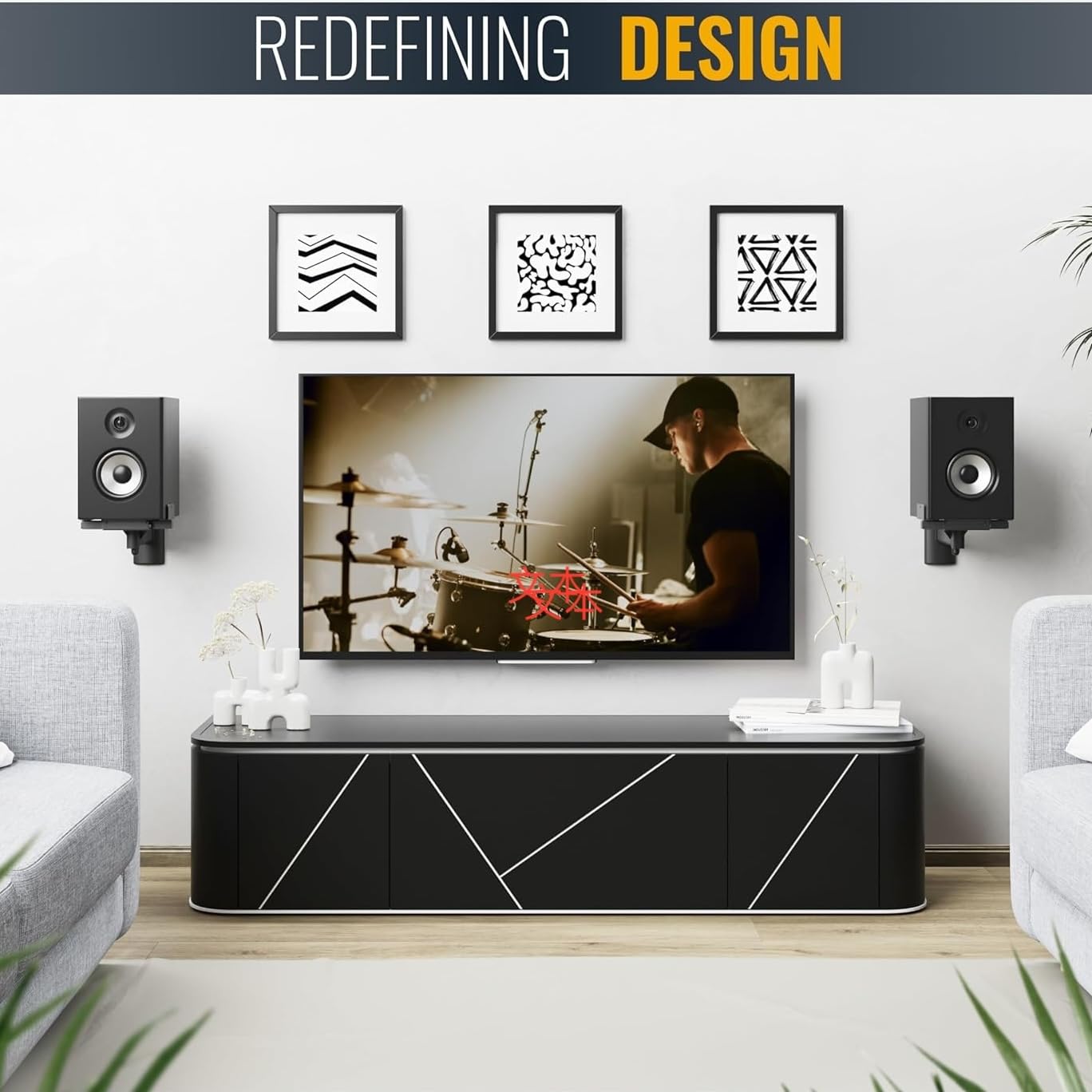 FDM Universal Speaker Wall Mount One Pair of Side Clamping Bookshelf Speaker Mount Bracket with Swivel and Tilt for Sound Speakers (Black)