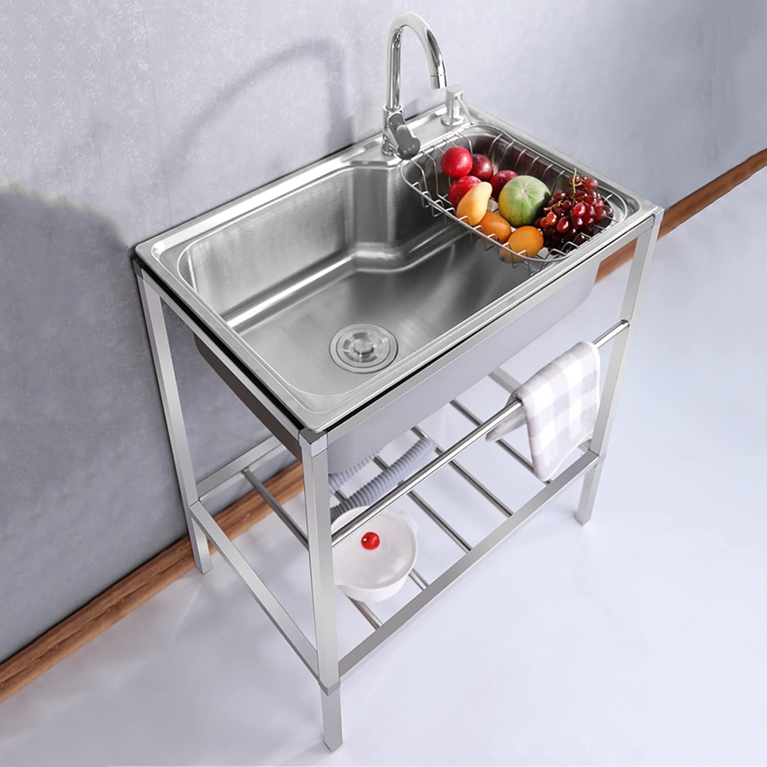 Utility Sink,Free Standing Stainless Steel Sink,Kitchen Sink with Stand,Commercial 304 Outdoor Sink,Home Simple Laundry Sink,Industrial Garage Sink,for Washing Room,Basement,Shop,Indoor Out