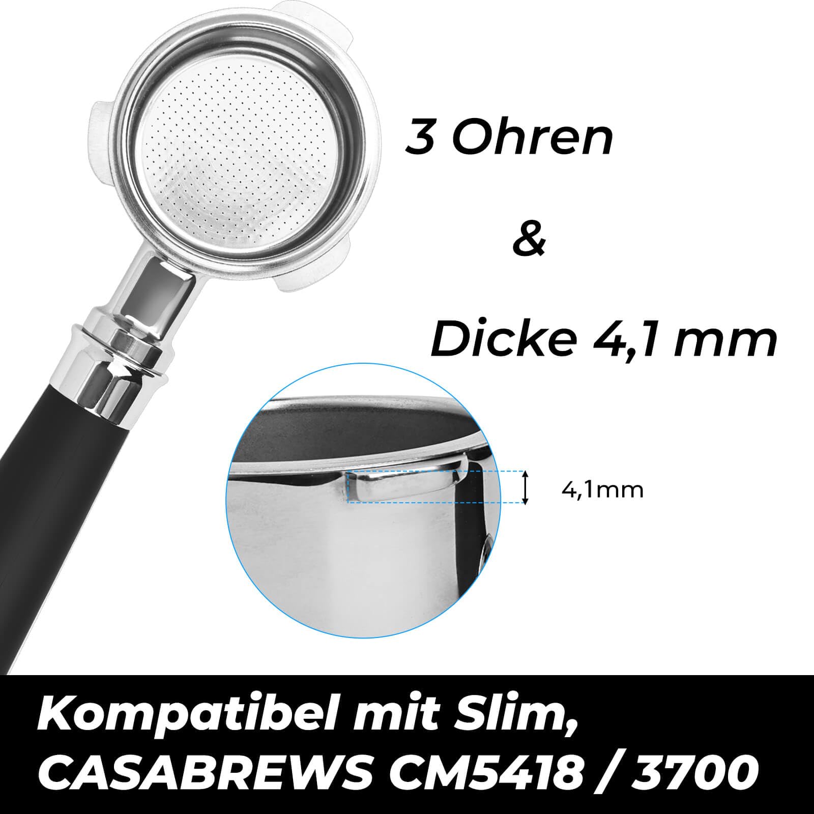 51mm Bodenloser Siebträger 3 Ohren Passend für DeLonghi Classic EM450, CASABREWS CM5418, inkl. 0,2 mm Puck Screen + 2-Tassen-Sieb