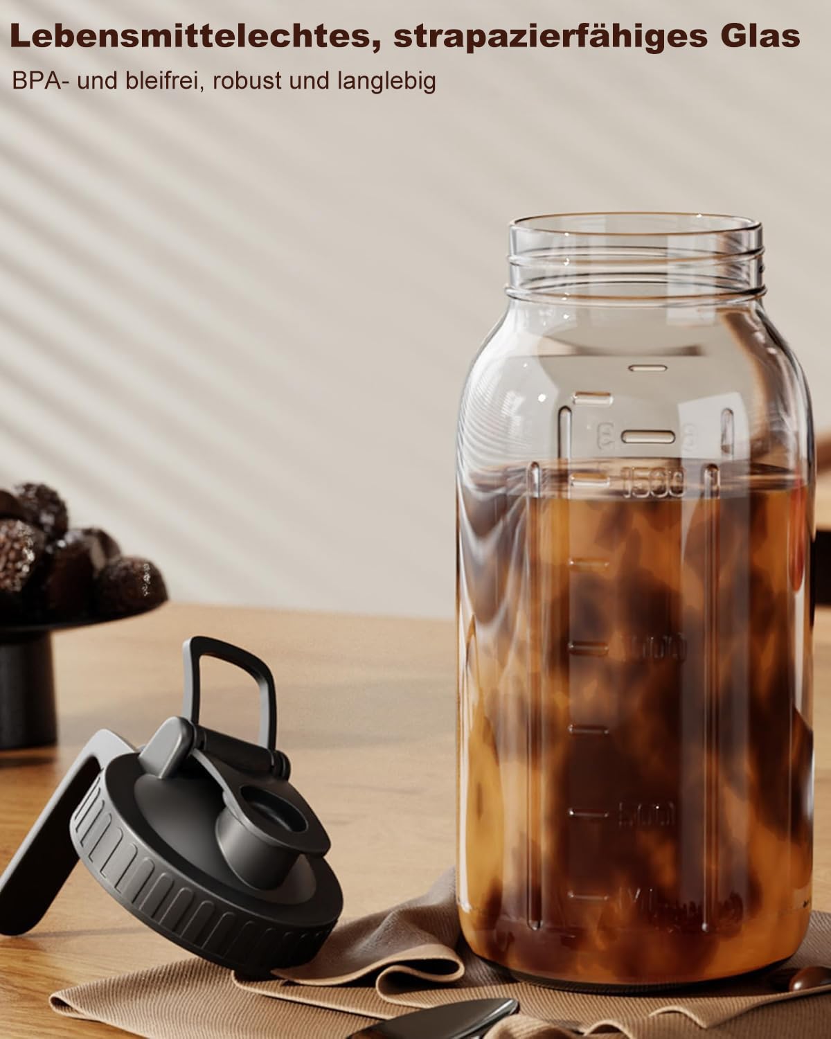 1.8 l Kaltgebrühte Kaffeemaschine – Einmachglaskrug mit Deckel und Auslauf, kein Auslaufen, Eiskaffeemaschine mit Edelstahlfilter, Eistee, Limonade und kaltgebrühtes Gebräu (schwarz)