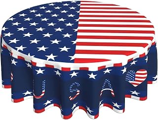 Fourth of July Tablecloth Round 60 Inch Patriotic Red White Blue Stars Table Cloth American Flag Heart Tablecloths Washable Polyester Table Cover for Veterans Independence Memorial Day Kitchen Party