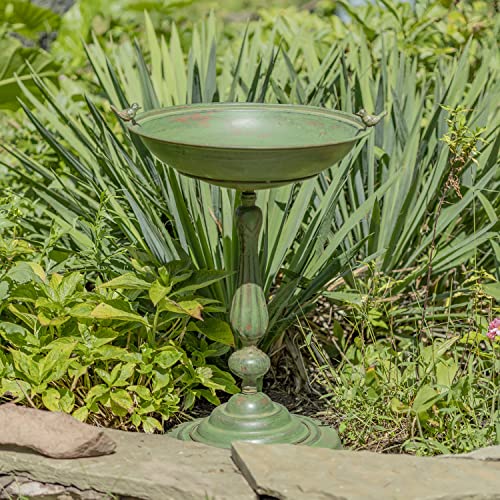 Zaer Ltd. Ornate Metal Pedestal Style Birdbath With Cast Iron Birds On Rim Full Base (Green) #TOP7