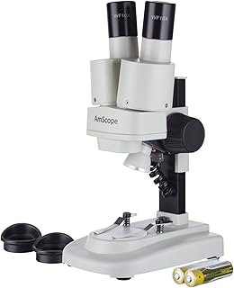 AmScope SE100X Portable Binocular Stereo Microscope, WF5X and WF10x Eyepieces, 10X and 20X Magnification, 2X Objective, Tungsten Light Source, Reversible Black/White Stage Plate, Battery-Powered