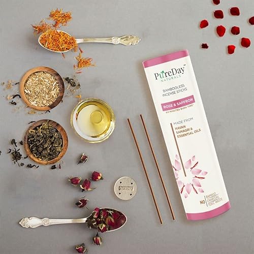 Pureday Naturals Bambooless Incense Sticks - 40 Dhoop Agarbattis - Rose&Saffron - Made From Havan Samagri, Non Toxic, Charcoal-Free - Restore The Sense Of Harmony #TOP2