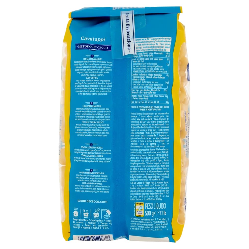 36x De Cecco Pasta Cavatappi Nr.87, 100% Italienisch Nudeln 500g pack + Beni Culinari Kostenloser Schlüsselanhänger