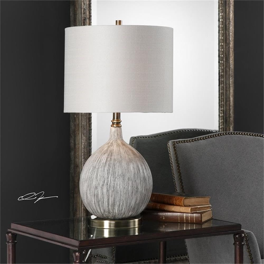 BOWERY HILL Ceramic Metal Fabric Table Lamp, Textured Ivory and Light Beige Finish, 26.5 in Height, Gourd Shape, Round Hardback Drum Shade, 3-Way Socket, for Living Room or Bedroom Lighting