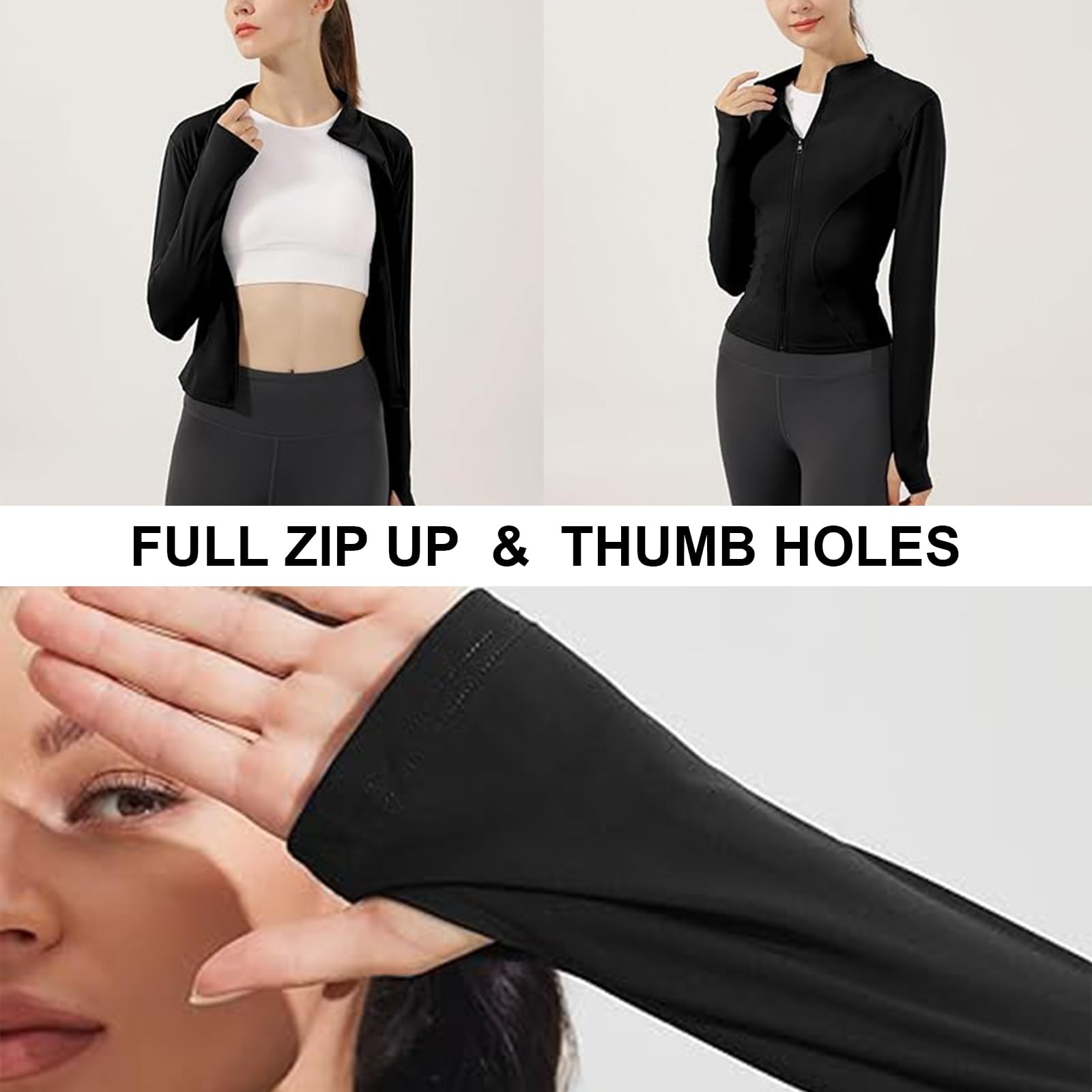 Sportshirt Damen Langarm, Gym T-Shirt Laufshirt mit Langer Reißverschluss, Leicht Fitness Oberteil Sweatshirt, Yoga Langarm Crop Top mit Daumenloch, Sportjacke für Frauen