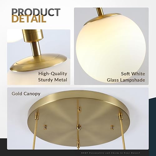 Miniatura 3 de BOKT Moderna lámpara colgante de 3 luces en racimo de cocina, isla de mediados de siglo, ajustable, globo dorado cepillado, lámpara colgante,