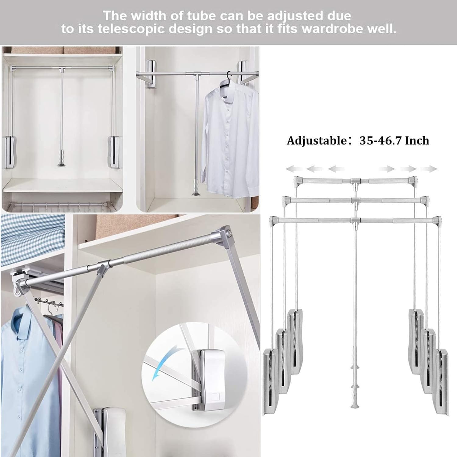 Adjustable Pull Down Closet Rod Rail - Hydraulic Lift Clothes Organizer, Wall-Mounted Wardrobe System, Industrial Style, 45x60 cm (17.7x23.6 in) - Maximize Space & Storage