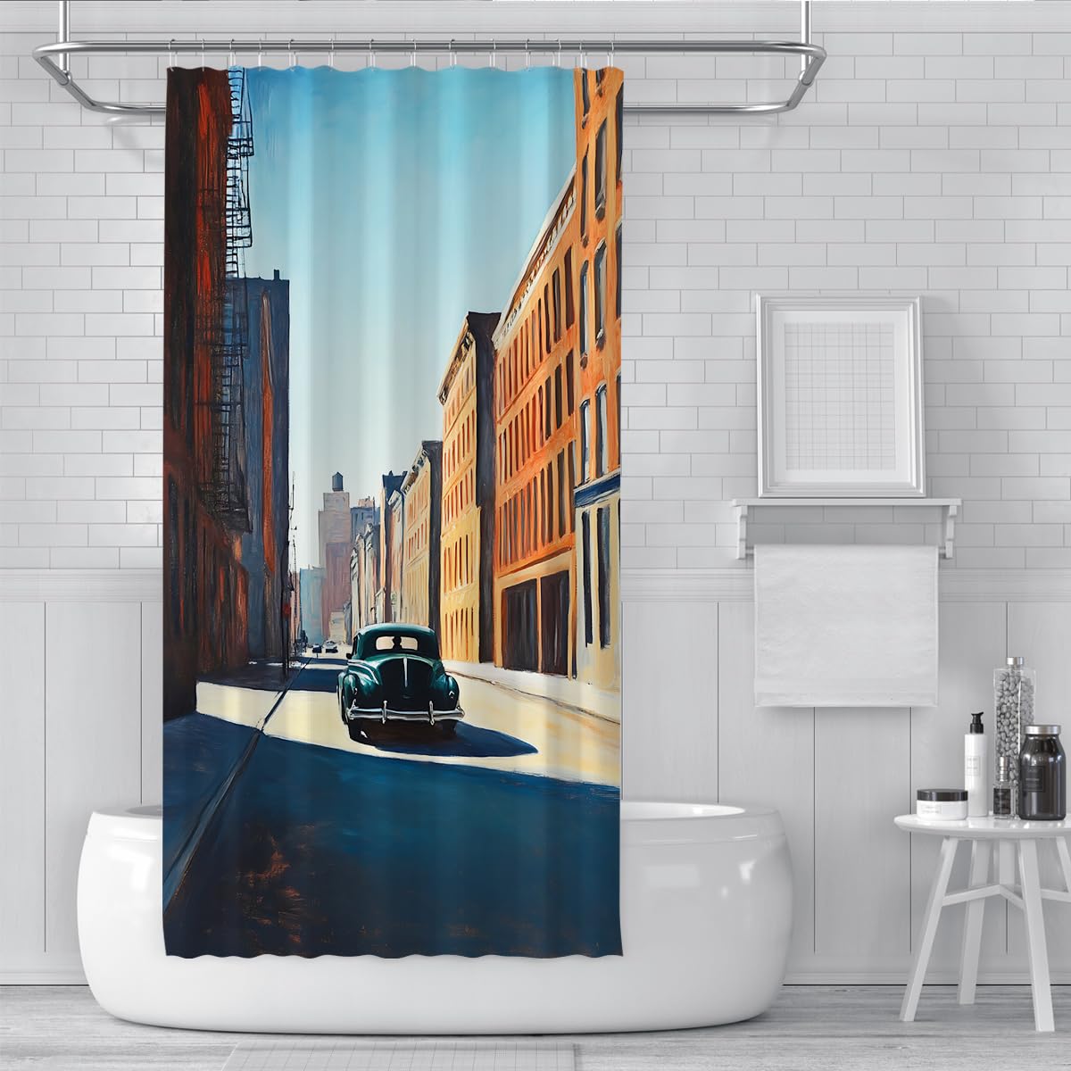 Escena Retro Urbana Cortina de ducha Coche Estilo años 40 conduciendo por una bulliciosa avenida City Cortinas de ducha Decoración de baño moderna de mediados de siglo 180 x 180 cm