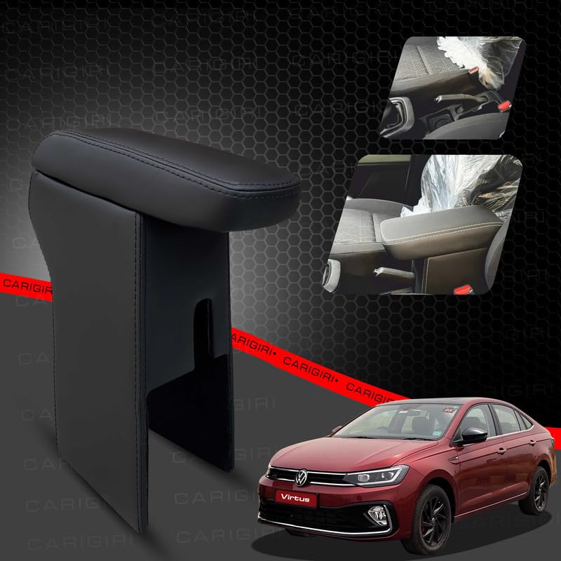 Image of Carigiri Premium Finish Car Armrest with Storage Box And High Density Moulded Foam For Volkswagen Virtus (Black With Black Seam,Nappa Leatherette)
