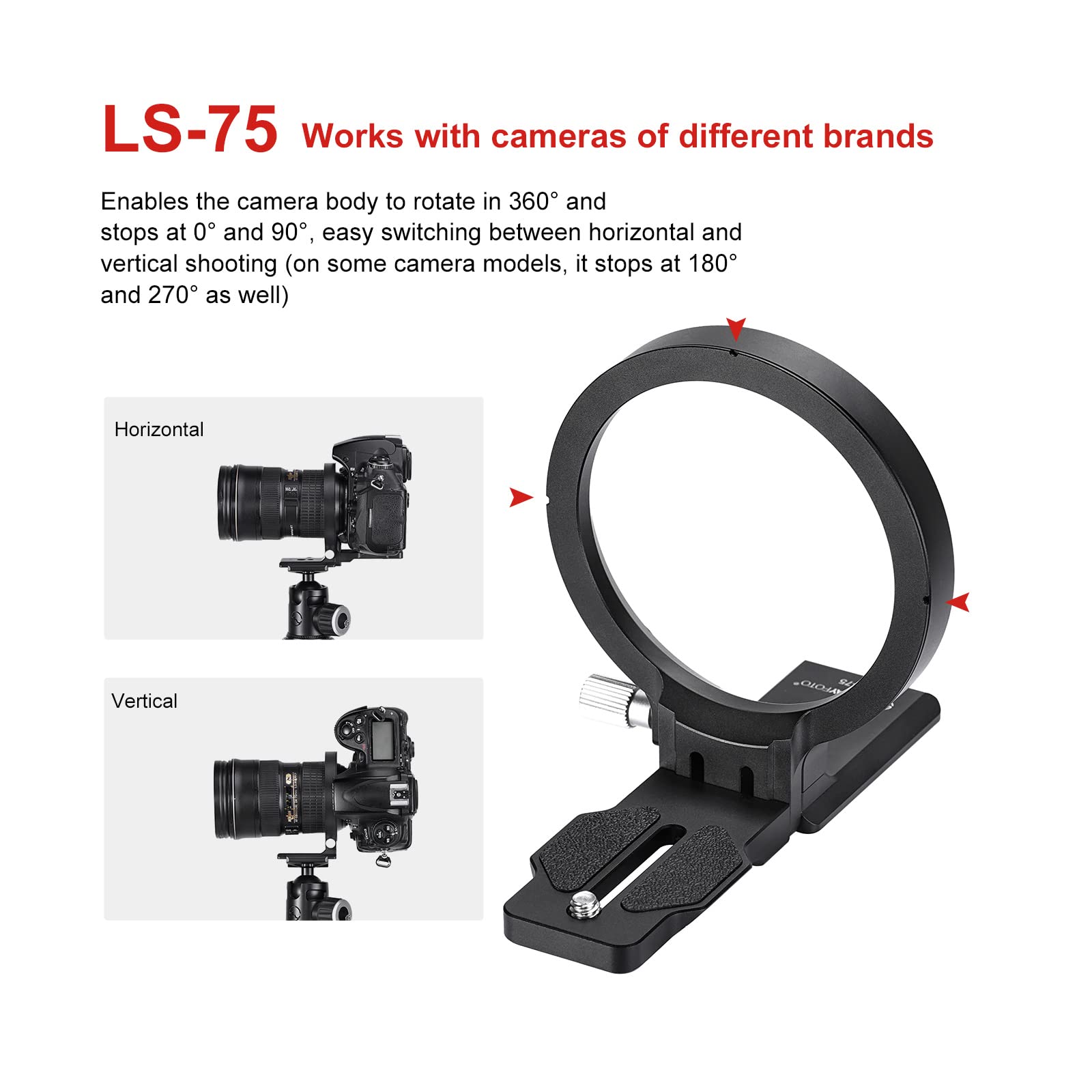 SUNWAYFOTO LS-75 Collare rotante universale per fotocamere DLSR, supporto per obiettivo con anello per treppiede, supporto per piastra Arca Swiss Mount DSLR commutazione verticale orizzontale