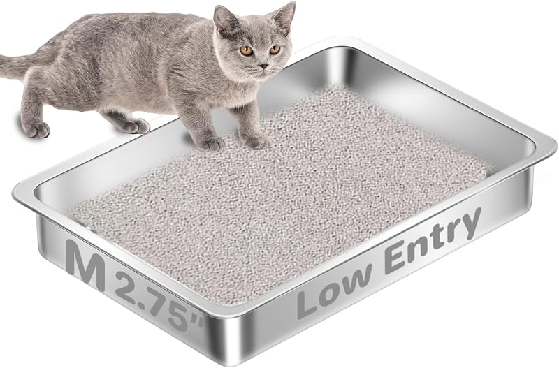 Caixa de Areia para Gatos em Aço Inoxidável com Entrada Baixa Amibud, 40,01 x 30,00 x 7,01 cm, Pequena
