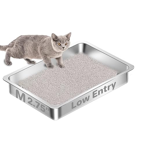 Amibud Low Entry Stainless Steel Cat Litter Box for Senior Cats, Metal Shallow Kitten Litter Box, Easy Access Kitty Litter Pan Tray, Easy Cleaning-15.75''Lx 11.81'' W x2.76'' H