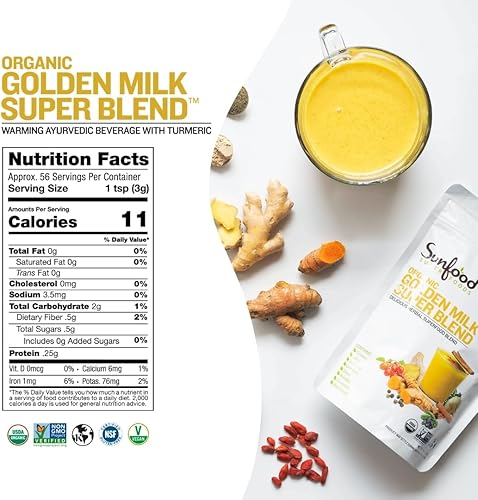 Miniatura 4 de Sunfood Golden Milk Super Blend - Latte de cúrcuma orgánico + superalimentos: jengibre, maca, goji y más, alternativa al café totalmente natural,