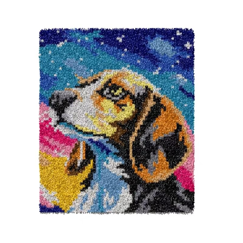 Image of GLAECYY Latch Hook Kits Rug Crochet Yarn Kit Cushion Colour Pre-Printed Canvas Rug Needlework DIY Hook and Latch Kit (Star Dog)