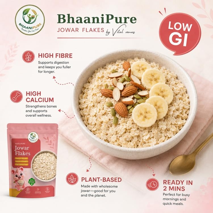 Image of Jowar Flakes, 100g Gluten-Free Sorghum Flakes | High Fiber Vegan Breakfast Cereal (Jowar Flakes, 100gm)
