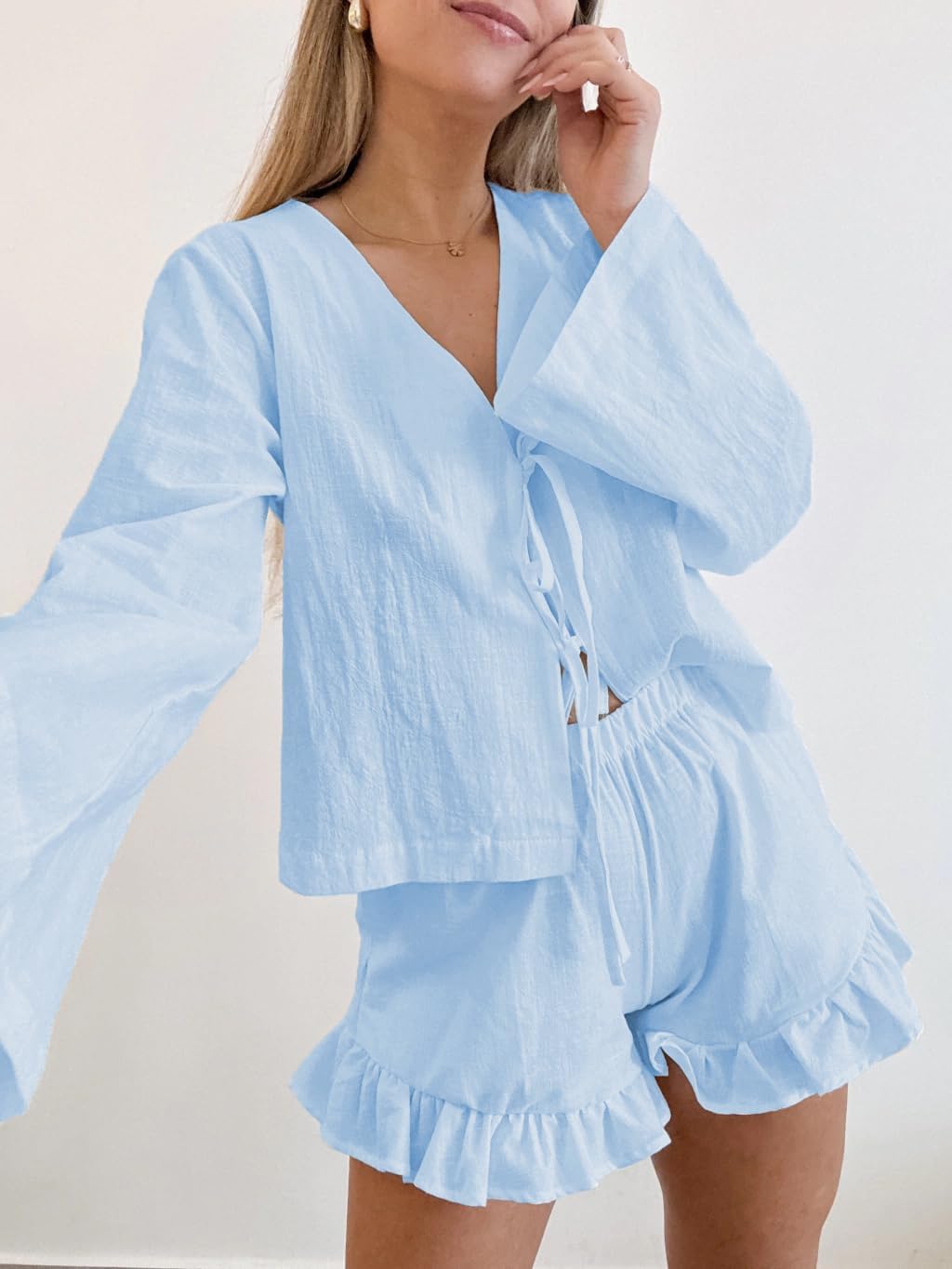 Women Fashion 2 Piece Outfit Long Sleeve Tie Front Tops and Ruffled Shorts Cotton Pajamas Sets - Image 2
