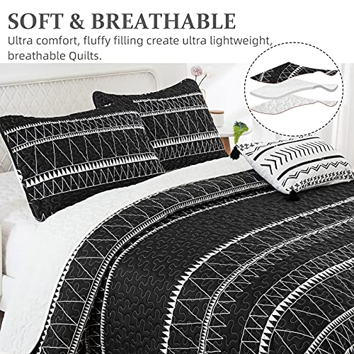 Wongs Bedding Black Quilt Set Twin, Boho Striped Triangle Pattern Printed Bedspread Coverlet, 3 Pieces (1 Quilt + 1 Pillowcase), Soft Microfiber Day Bed Coverlet For Summer 68"X86" #TOP3