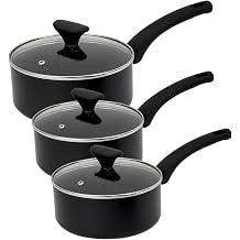 Inducation Base Non Stick Saucepan Set, 16/18/20cm 3 Piece Aluminium Sauce Pot with Tempered Glass Lid, Gas,Ceramic and Electric Hobs Dishwasher Safe Milk Pan with Bakelite Handle