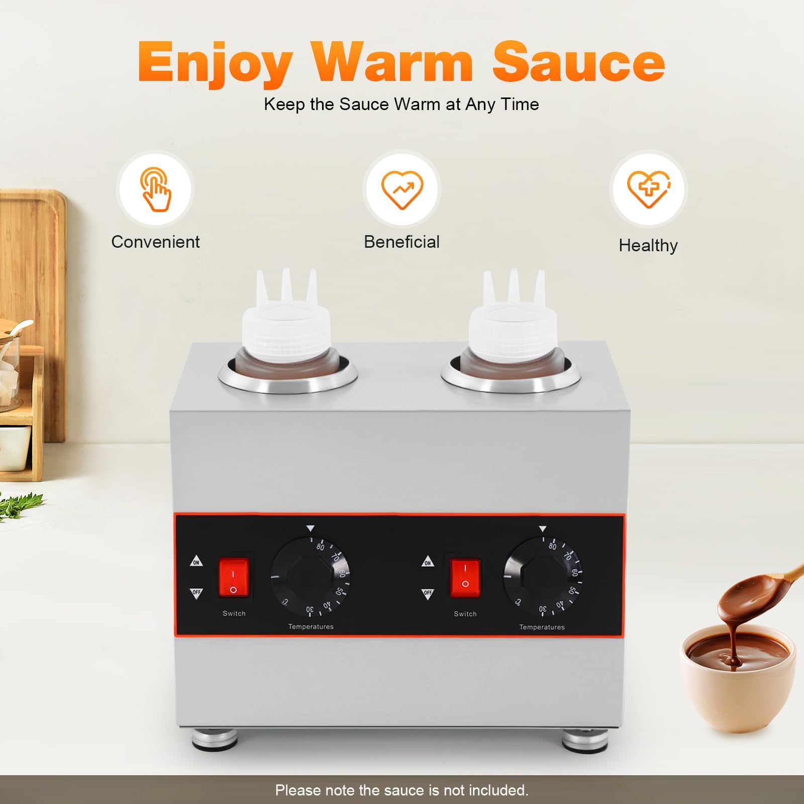 Dispensador eléctrico comercial de salsa, calentador de alimentos de acero inoxidable con temperatura ajustable de 30 a 85 °C, para queso nacho, dulce caliente, caramelo, 4 botellas