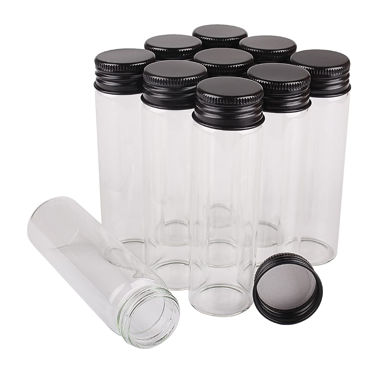 アルミ蓋のガラス大瓶 Amazon｜24個50ml-30x100mm黒のアルミキャップ付きガラス瓶、スパイス