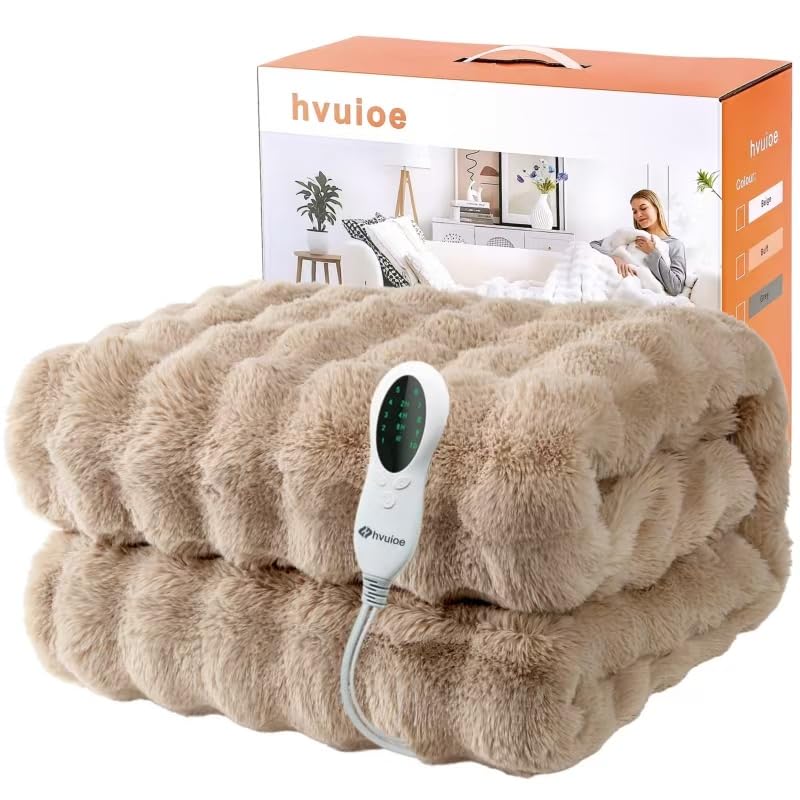 Faux Rabbit Fur Heated Throw, 160x130cm, 10 Heat Settings Electric Throw, 3 Temperature Ti...