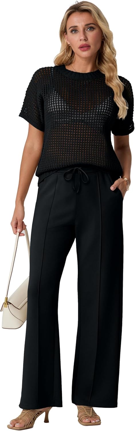 GRECERELLE 2026 Women 2 Piece Sets Crochet Sheer Knit Sweater Top & Wide Leg Pants Lounge Travel Matching Outfits Clothes - Image 5