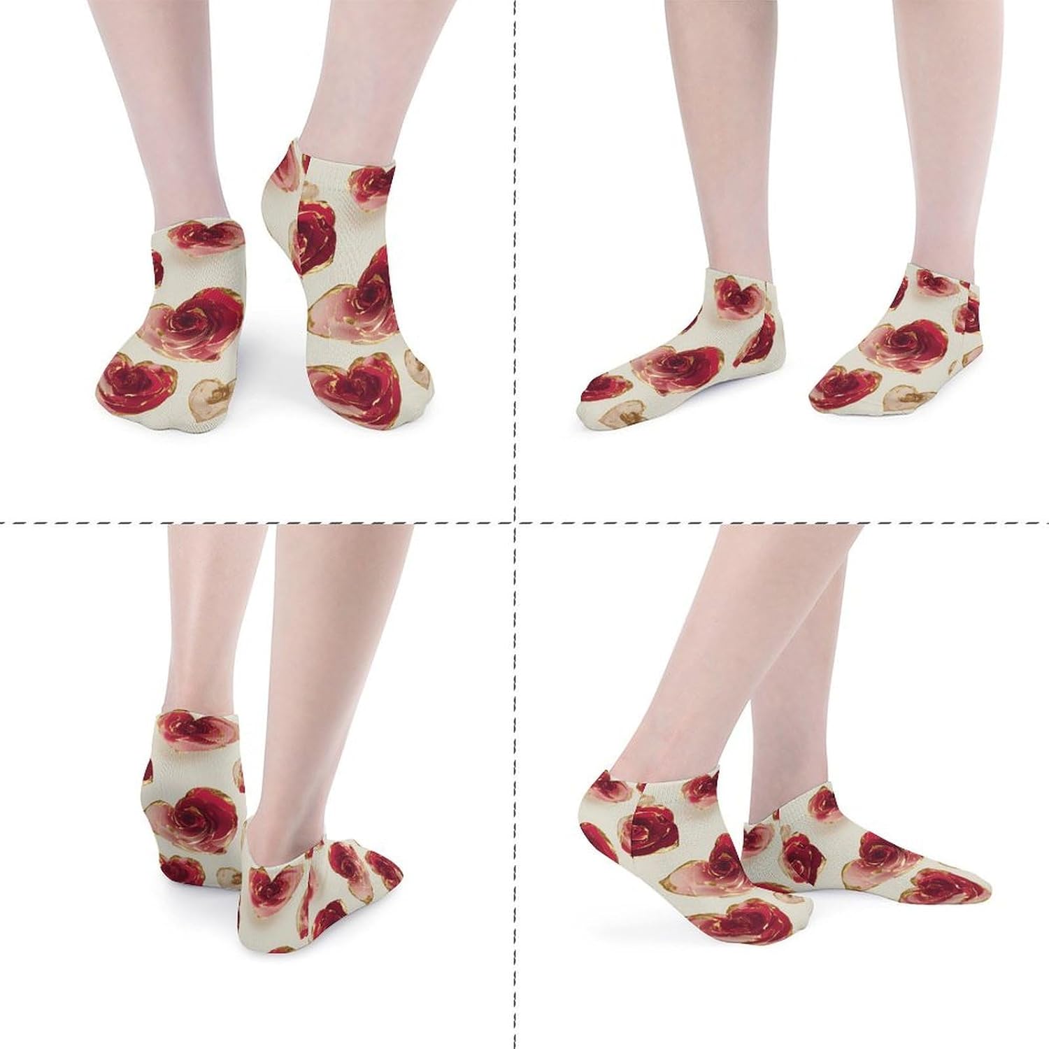 Gold Valentines Heart Roses No Show Ankle Socks Low Cut Non Slip Flat Boat Line 5 Pairs Set