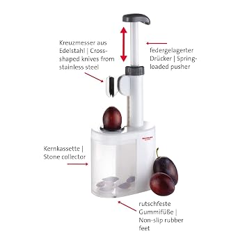 Westmark 40232260 2-in-1 Plum Pitter Stoner with Stainless Steel Plunger and Waste Container, White