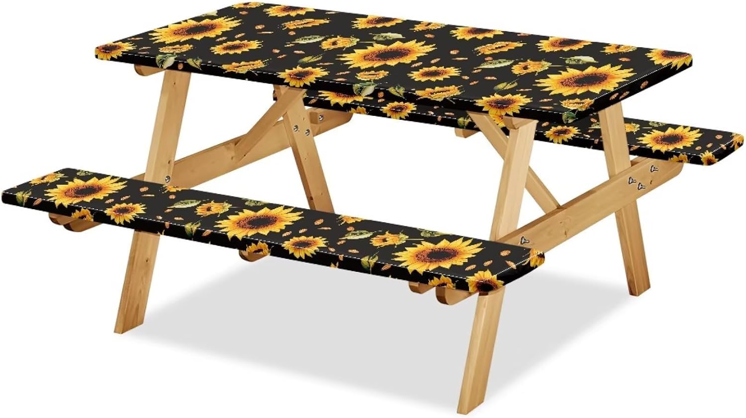 Sunflower Leaf Picnic Table Cover with Bench Covers Waterproof Fitted Rectangle Tables Patio Tablecloth Camping Gear and Essentials Rv Accessories Road Trip Supplies Car Travel Must Haves