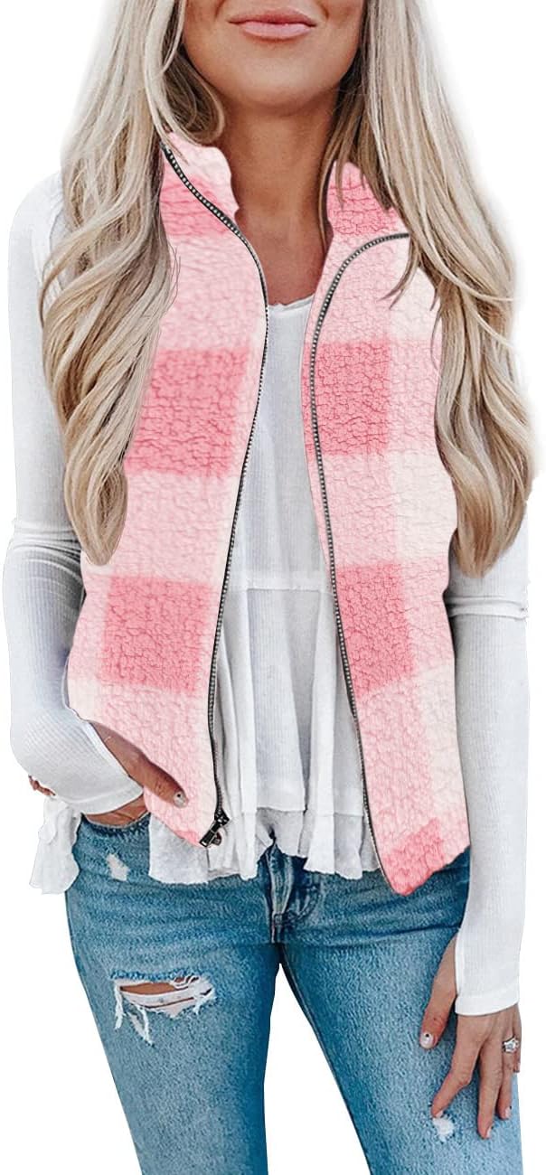 LOMON Womens Fuzzy Sherpa Fleece Jacket Lightweight Vest Cozy Sleeveless Cardigan Zipper Waistcoat Outerwear with Pocket