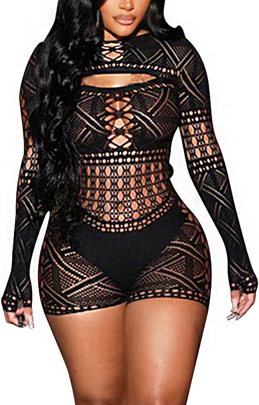 Fishnets Bodysuits for Women Sexy Jumpsuits Mesh Long Sleeve Bodystockings Lace Lingerie for Women Sexy Costumes