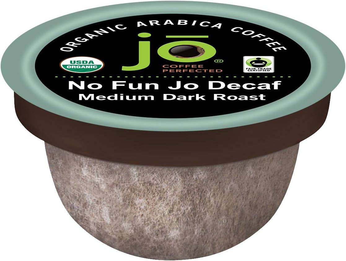 No Fun Jo Decaf: 12 Organic Compostable Pods for Keurig K-Cup Compatible Brewers, Swiss Water Process Eco-Friendly Single Serve Coffee Medium/Dark Roast Fair Trade, Chemical Free by Jo Coffee®