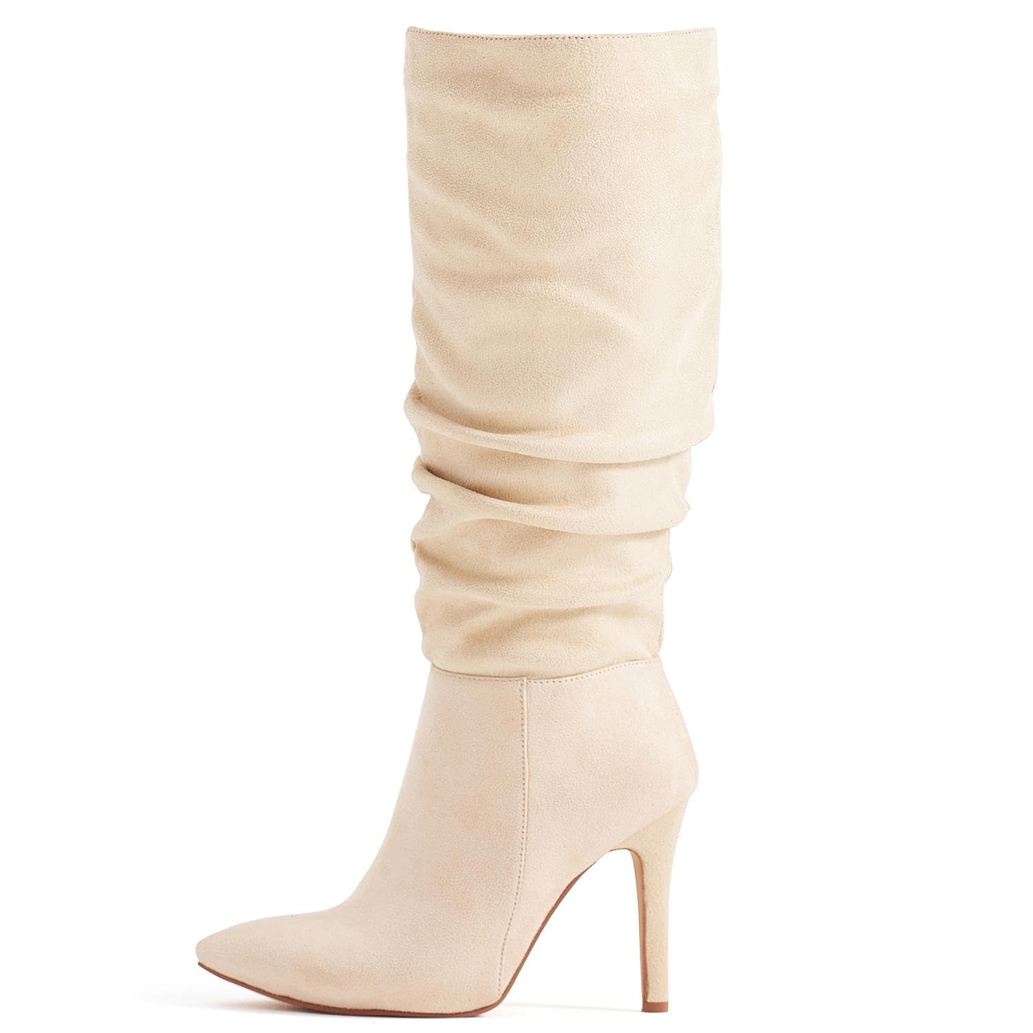 katliu Women Suede Knee High Boots Pointed Toe Stiletto Boot Slouchy Zipper High Heel Boots