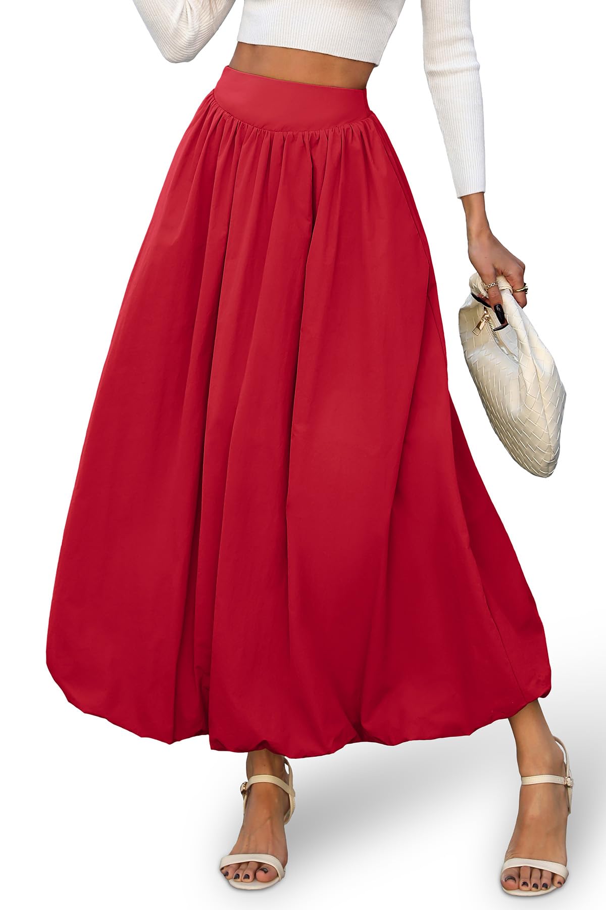 ELLEVEN Womens Bubble Maxi Fall Winter Skirt Elastic Waist Puffy Hem A-Line Skirt with Pockets