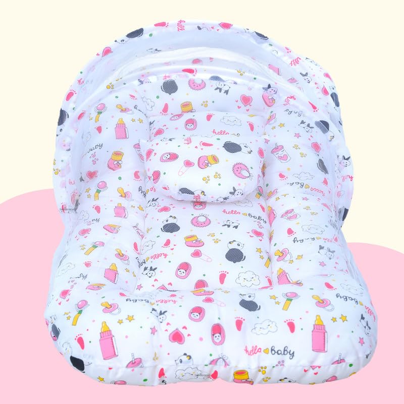 Image of Baby Bed with Mosquito and Insect Protection Net, Portable Mattress with Zip Closure & Pillow Ideal for Babies from 0-6 Months-Unisex (Panda Pink)