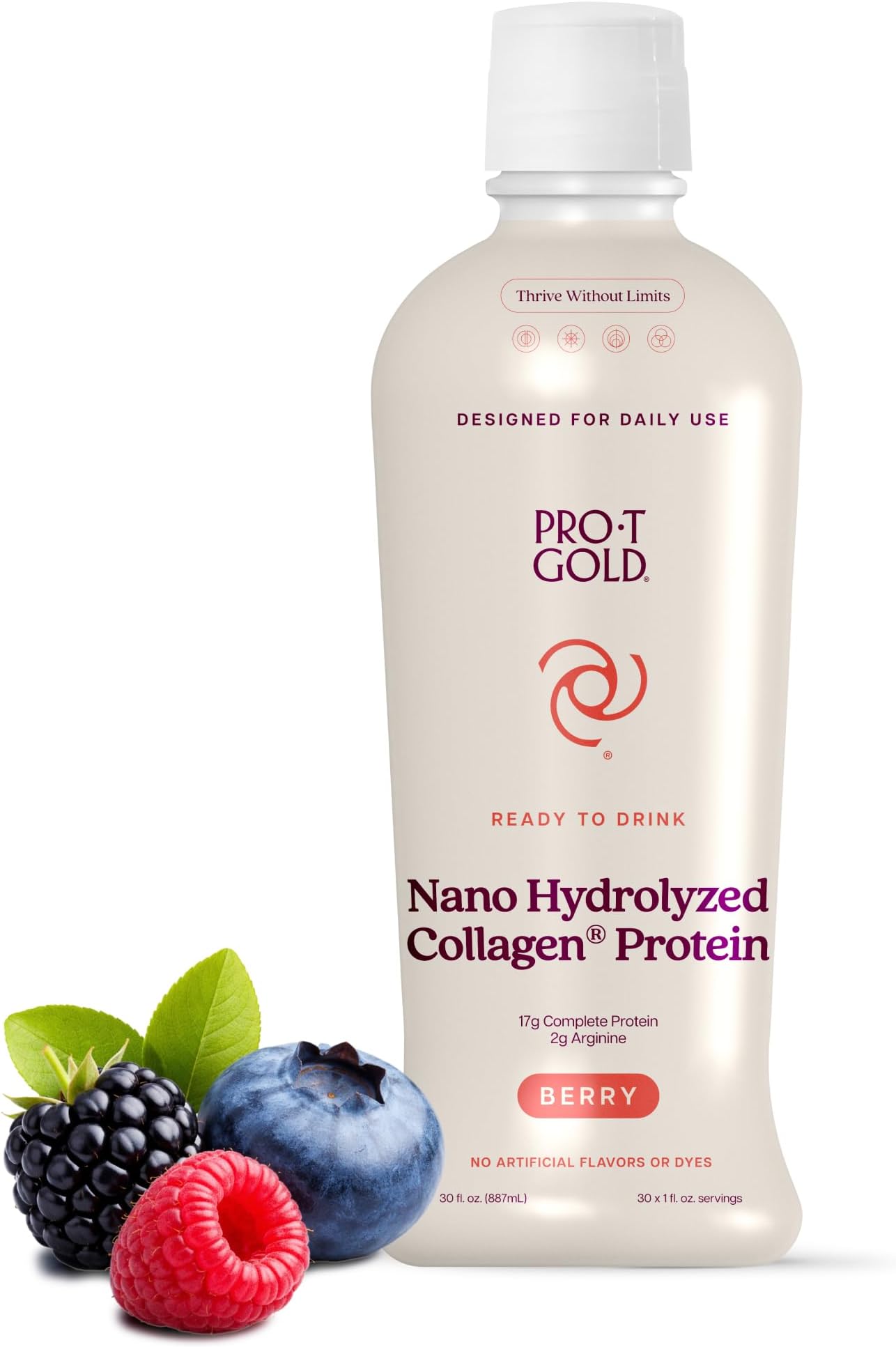 Liquid Collagen Protein Shot, Support for Hair, Nails and Skin, 17g, Nano Hydrolyzed & Grass Fed Blend with Amino Acids, Gluten Free, Sugar Free, 0g Carbs, Berry, 30 FL OZ