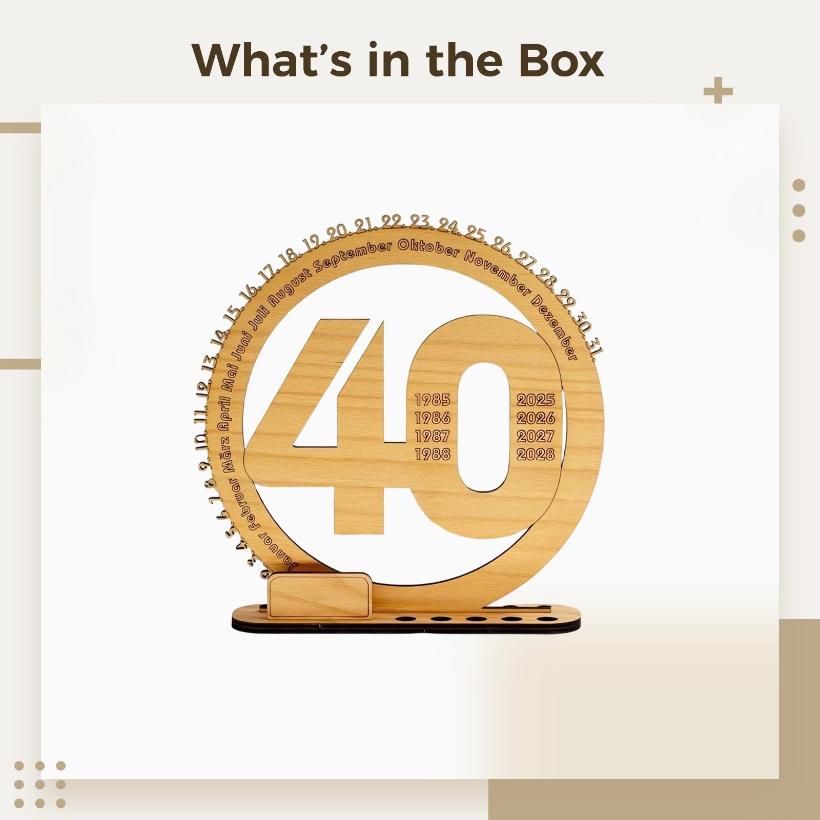 Calendrier perpétuel en bois pour bureau, cadeau pour 40e anniversaire, 11,8 in / 30 cm, contreplaqué de hêtre, plaque commémorative, fabriqué dans ce pays européen
