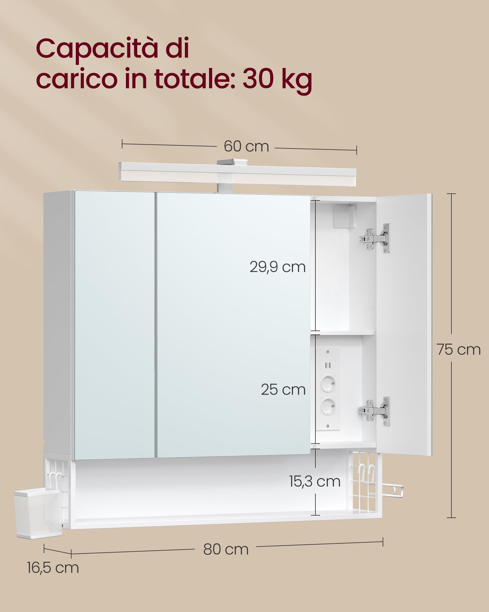 VASAGLE Specchio Bagno Contenitore con Luce, 3 Ante, Mobiletto da Appendere con Presa, 80 x 16,5 x 75 cm, Bianco, Armadietto Bagno Salvaspazio, Collezione DACEY BBK146WB01
