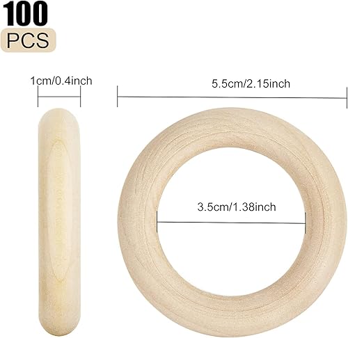 Miniatura 2 de 100 anillos de madera para manualidades, anillos de madera de 2 pulgadas para manualidades, anillos de madera sin terminar de 2.165 in, naturales