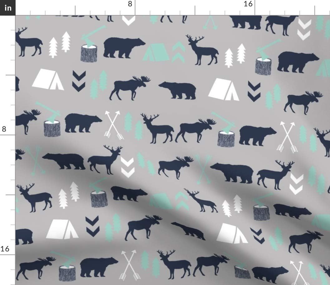 Spoonflower Fabric - Woodland Boys Mint Grey Navy Blue Bear Moose Forest Arrow Kids Nursery Printed on Petal Signature Cotton Fabric by The Yard - Sewing Quilting Apparel Crafts Decor