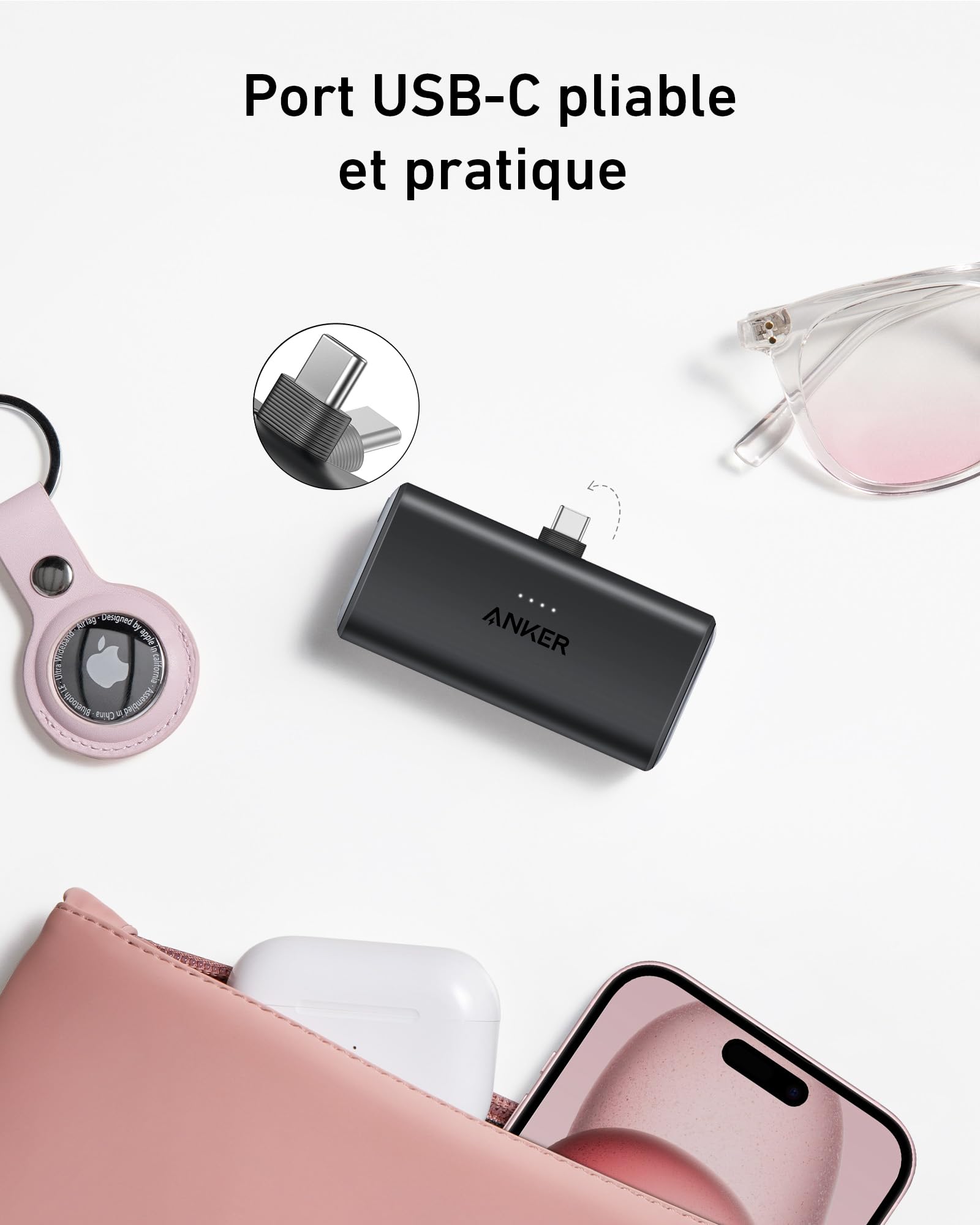 Anker Batterie Externe Nano 5000 mAh 22,5 W, Connecteur USB-C Pliable intégré, Compatible avec iPhone 17 Pro Max/16/15, Samsung S22/23, Note20/10, Huawei, iPad Pro/Air, AirPods et Plus Encore (Noir)