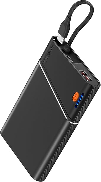 Aaoyun Portable Charger Power Bank, 10000mAh 22.5W PD Fast Charging Powerbank with Built-in USB C Cable, Slim External Phone Battery Pack for iPhone 17/16/15 Samsung S24 Android etc Black