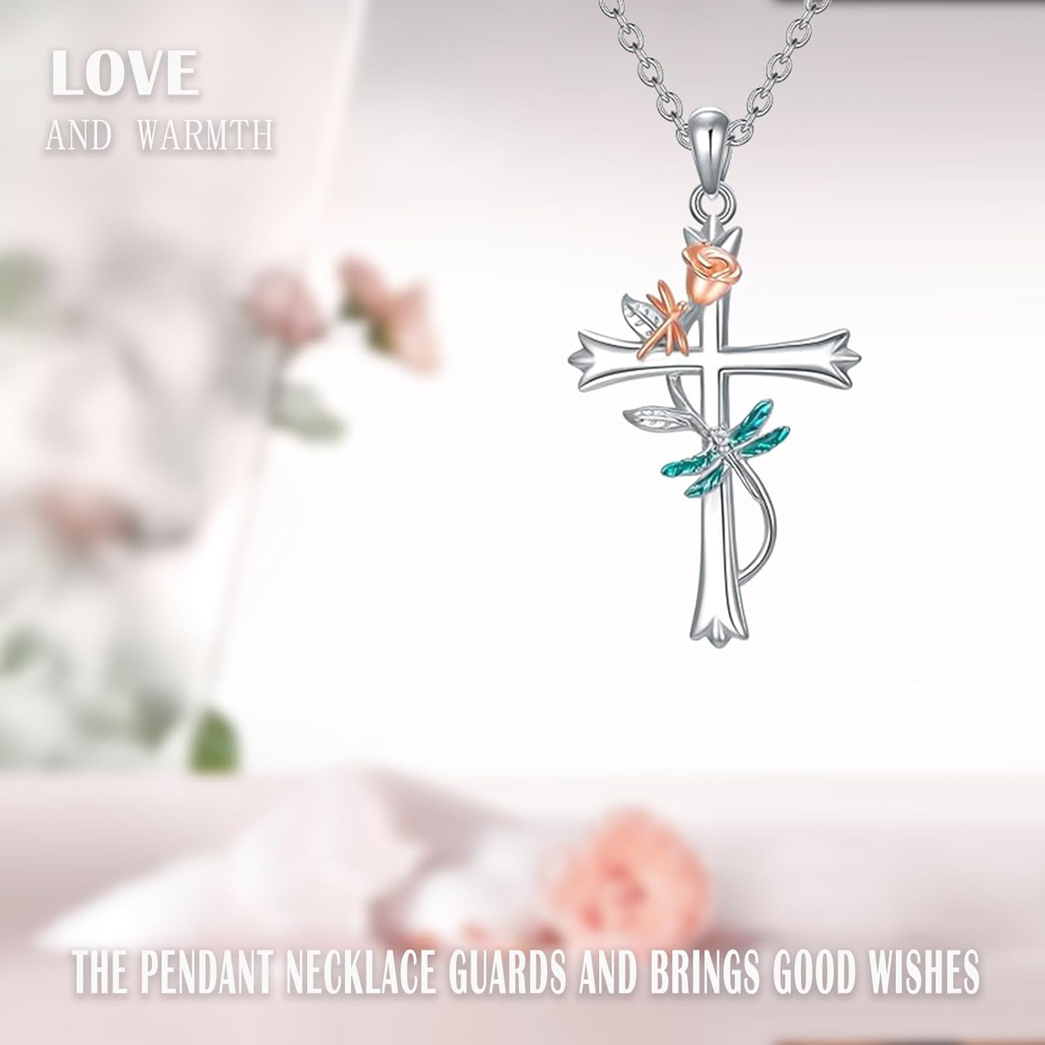 925 Sterling Silver Ladybug/Dragonfly/Dove/Flower/Butterfly Cross Pendant Necklace for Women Hypoallergenic Nickel Free Pendent Necklace Gift Box Packaging Easter Gift Church Prayer Cross